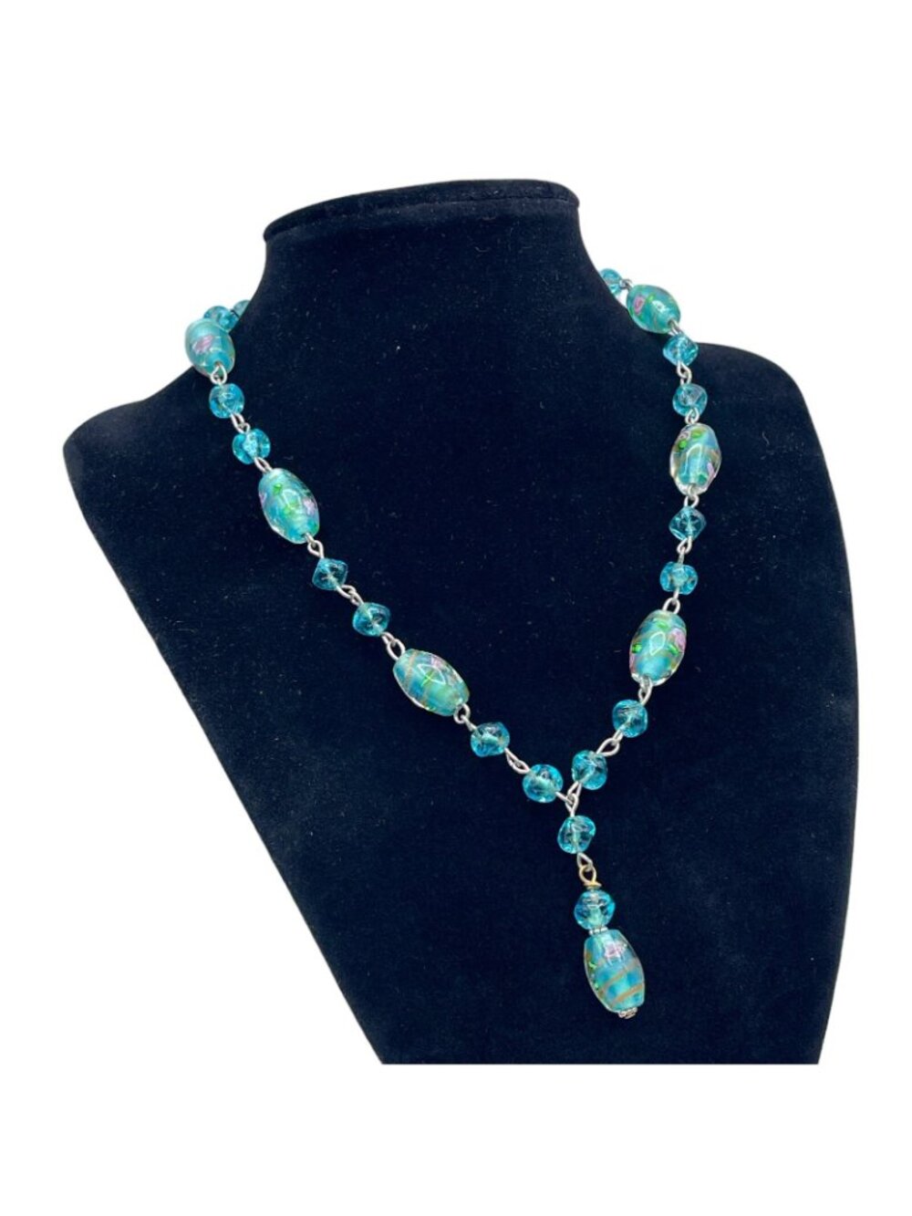 Handmade Glass Bead Lavalier Necklace Teal Gold Pink Rose Sterling Vintage 1950s - Picture 3 of 13